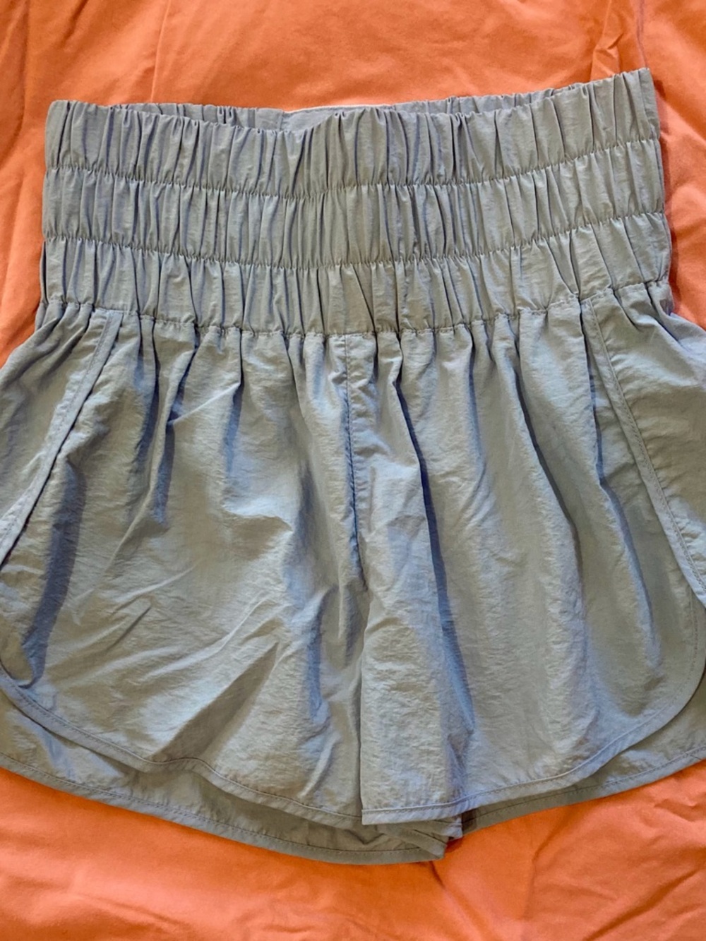 Zenana Outfitters Smocked High-Waist Light Blue Athletic Shorts